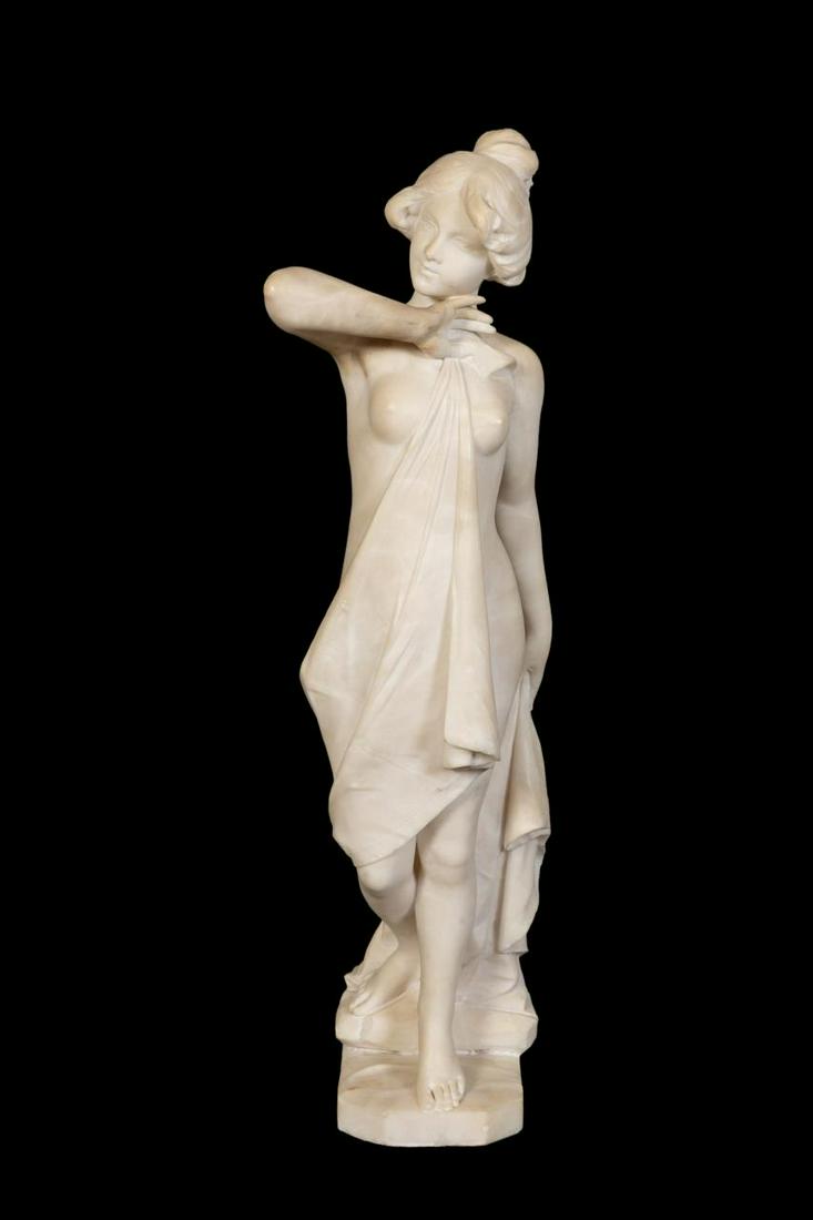 E. BATTIGLIA "NUDE MUSE" FIGURAL ALABASTER: E. Battiglia (Italian 19th / 20th century) "Nude Muse" early 20th century, carved alabaster sculpture depicting a standing female holding draped fabric, signed to the lower back. Approx. h. 29", w. 12