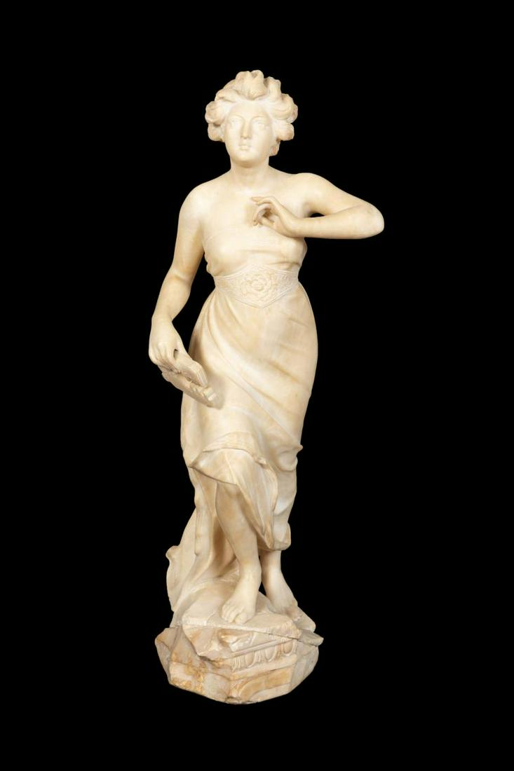 ITALIAN ALABASTER FEMALE W/ LYRE SCULPTURE: Italian School Art Nouveau style carved alabaster sculpture depicting a standing female holding a lyre, signed "Prof. Testi" to lower back of base. Approx. h. 31.625", w. 11.5", d. 11".