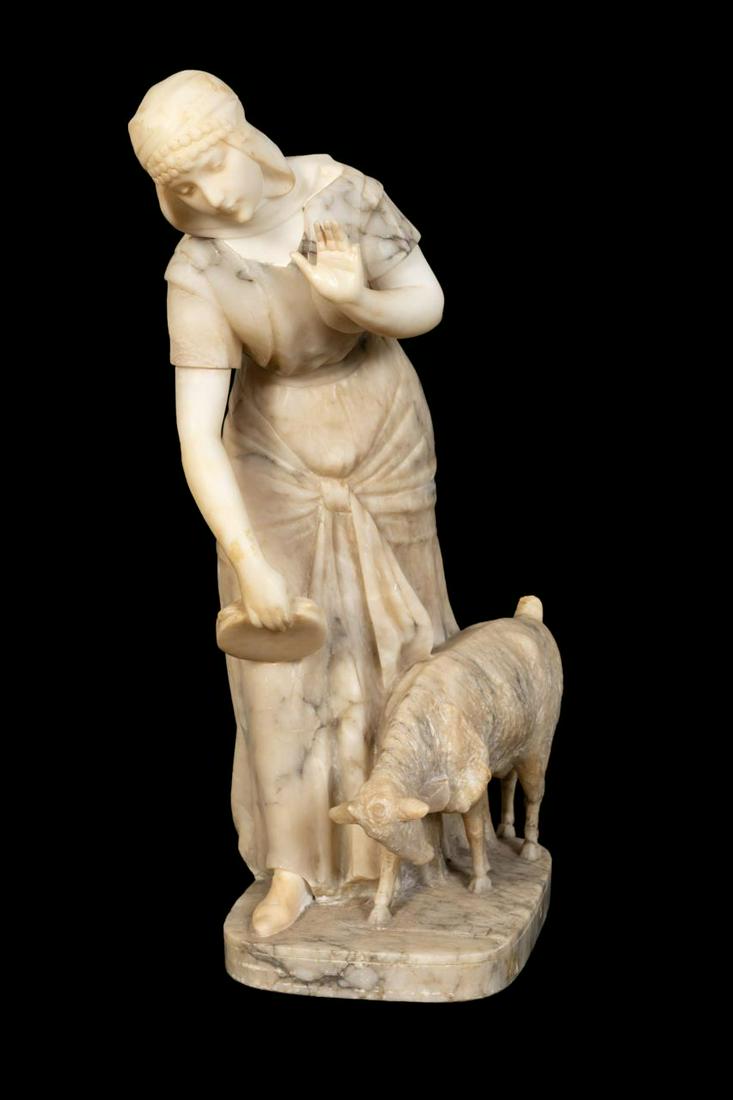ITALIAN SCHOOL GOAT HERDER, ALABASTER SCULPTURE: Italian School, "Orientalist Goat Herder" carved alabaster sculpture of a figure walking alongside a goat and holding a tambourine, apparently unmarked. Approx. h. 20.5", w. 7.5", d. 11.5".