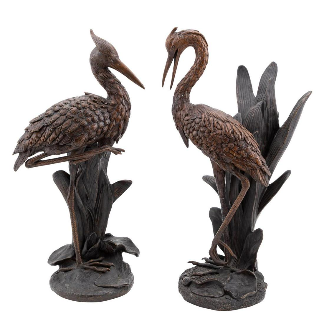PAIR BRONZE BLUE HERON FIGURES IN A MARSH (1 of 5)