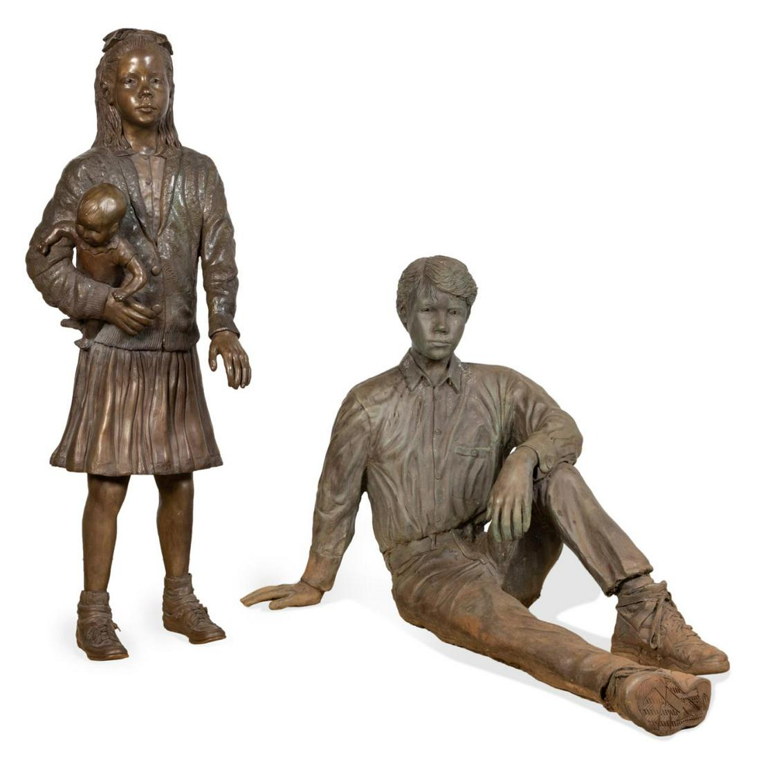 TWO LIFE SIZE BRONZE GARDEN SCULPTURES OF CHILDREN (1 of 7)