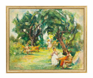 WILLIAM MEYEROWITZ, FIGURAL LANDSCAPE, OIL: William Meyerowitz N.A. (Ukrainian/ Russian /American 1893-1981), undated, "Music In The Garden," oil on canvas, landscape painting depicting multiple figures in a garden, signed lower left with label