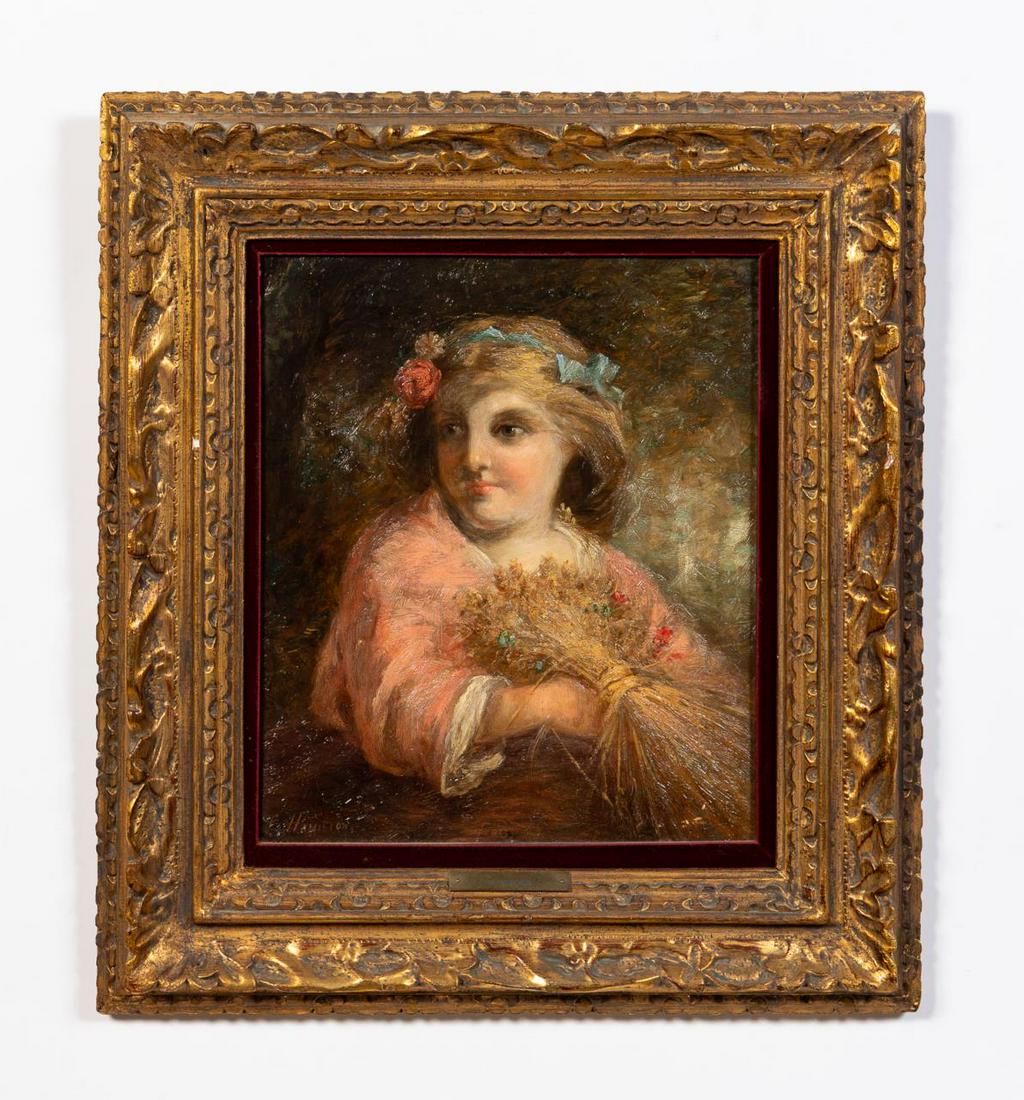 19TH C. OIL PORTRAIT OF A GIRL AS SUMMER, SIGNED: Hamilton (American or British, 19th century), untitled, late 19th century oil on canvas allegorical painting of a young blonde girl depicted as summer with flowers in her hair and holding sheaves of w