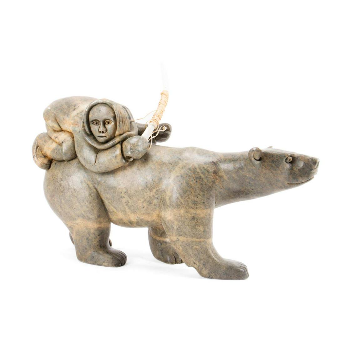 INUIT CARVED GREEN STONE SCULPTURE HUNTER & BEAR (1 of 6)