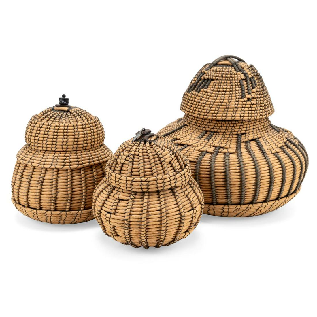 THREE TWISTED CORD WOVEN BASKETS, BLACK THREAD (1 of 8)