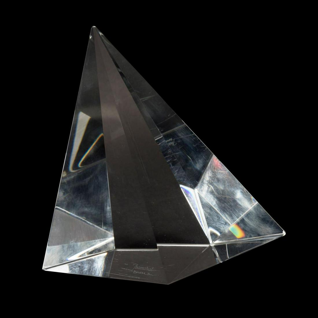 BACCARAT CRYSTAL PYRAMIDAL FORM SCULPTURE: Baccarat (French 1764), modern colorless crystal triangular form sculpture or paperweight, acid marks and etched signature possibly for Bijan Bahar (Active America 20th century). Provenance: From the