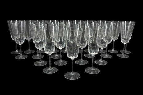 24PCS KATE SPADE, LENOX "LARABEE DOT" GOBLETS: Set of 24 Kate Spade New York (American 1993) for Lenox (American 1889) "Larabee Dot" (pattern active 2004-2021), colorless glass water goblets, each having a tapering bowl with frosted dots and slend