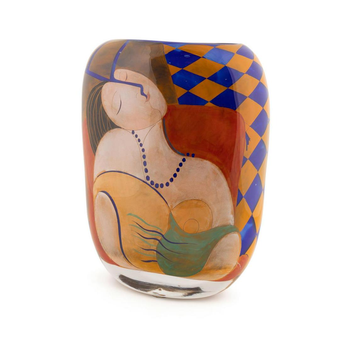 LARGE AMERICAN ENAMELED AND CASED ART GLASS VASE: Large American art glass vase, of flattened oval form, decorated with an enameled scene of a seated partial nude in the Cubist taste, all on a blue and mustard geometric ground, the whole cased in cle