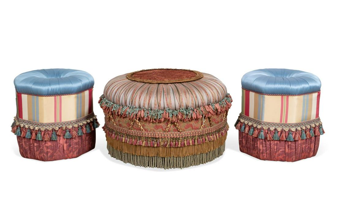THREE SILK UPHOLSTERED PLEATED POOF OTTOMANS (1 of 6)