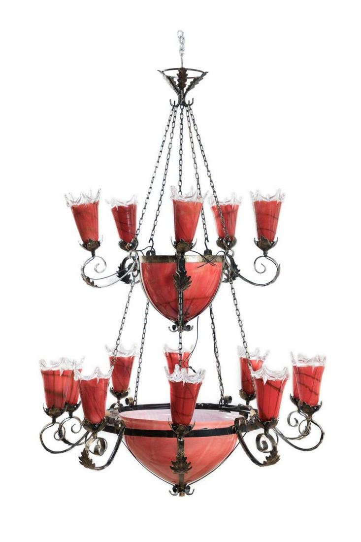 WROUGHT IRON & RED ART GLASS 15 LIGHT CHANDELIER (1 of 6)