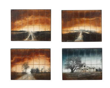 FOUR MIXED MEDIA LANDSCAPES BY JOHN FOLSOM: John Folsom (American b. 1967), silver gelatin prints laid on board with encaustic medium, comprising four landscapes, the first "Irrigation: Winter Illinois" depicting a sepia toned landscape with an