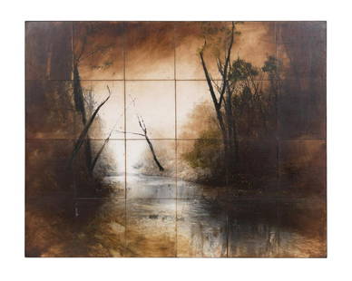 JOHN FOLSOM, "MASSAE CREEK #7", MIXED MEDIA: John Folsom (American/Kentucky b. 1967), "Massae Creek #7", 2003, gelatin silver print on board with oil and wax medium, depicting a sepia toned creek scene with bare trees with geometric squares in a