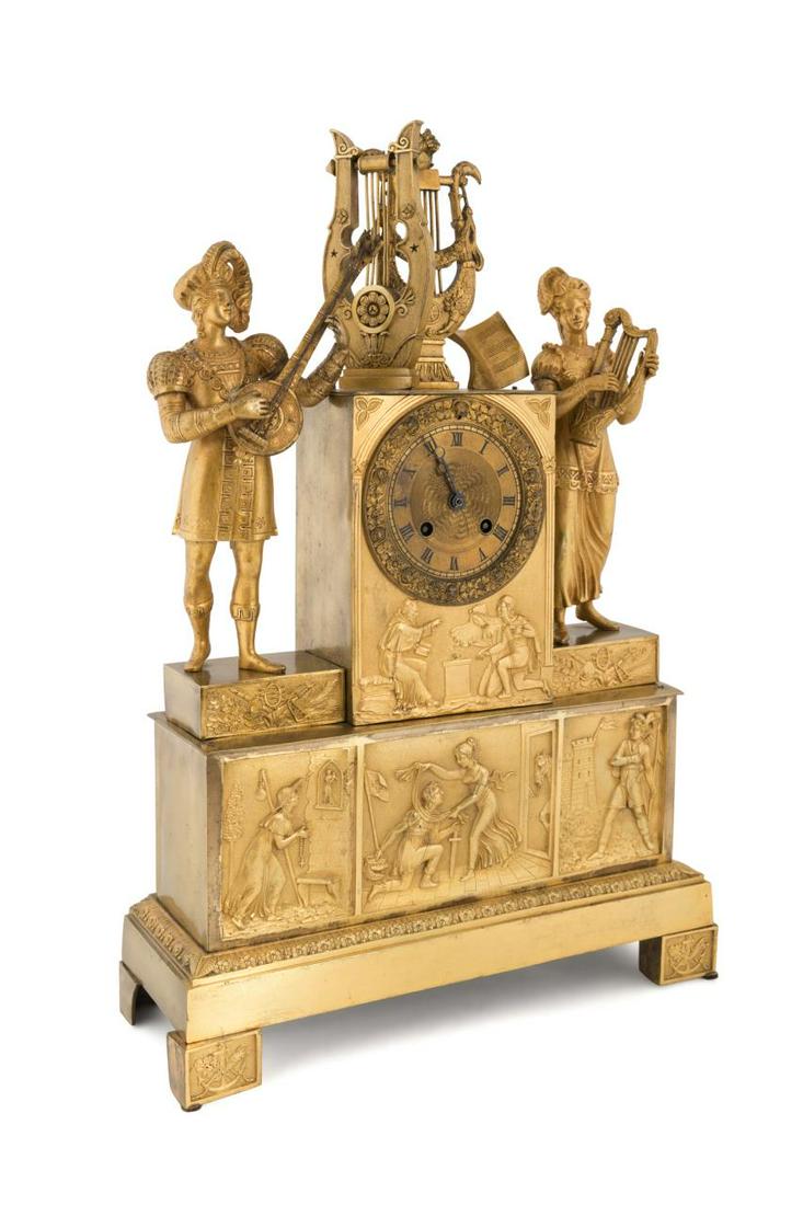 EMPIRE GILT BRONZE MUSICIANS MANTLE CLOCK, C. 1820 (1 of 8)