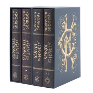 FOUR FOLIO SOCIETY GEORGE R.R. MARTIN BOOKS: Set of four The Folio Society George Raymond Richard Martin (American b. 1948), hardcover books in slipcovers comprising, "A Game of Thrones" (two volumes), 2019, and "A Clash Of Kings" (two volumes),