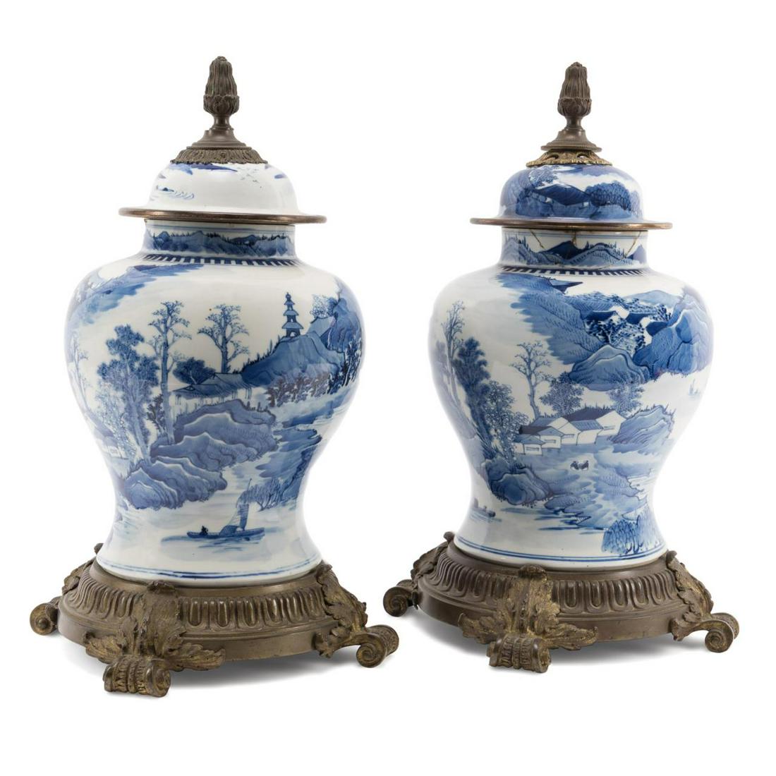 PAIR BRONZE MOUNTED CHINESE BLUE & WHITE JARS (1 of 10)