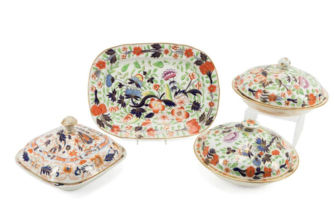4PC SELECTION OF ENGLISH IMARI SERVEWARE, 19TH C.: Selection of four pieces of 19th century English Imari earthenware serveware comprising, a circular covered serving dish with disc handle (h. 5.5", dia. 10.75" ), a circular covered serving dish with