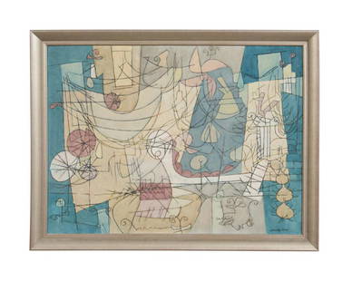 STANLEY BATE, "BIOMORPHIC ABSTRACT" OIL ON CANVAS: Stanley Bate (American 1903-1972), "Biomorphic Abstraction" oil on canvas board, modern non-objective painting with blue tones, signed at lower right, framed. Approx. sight h. 23.5", w. 31.5"; Overall