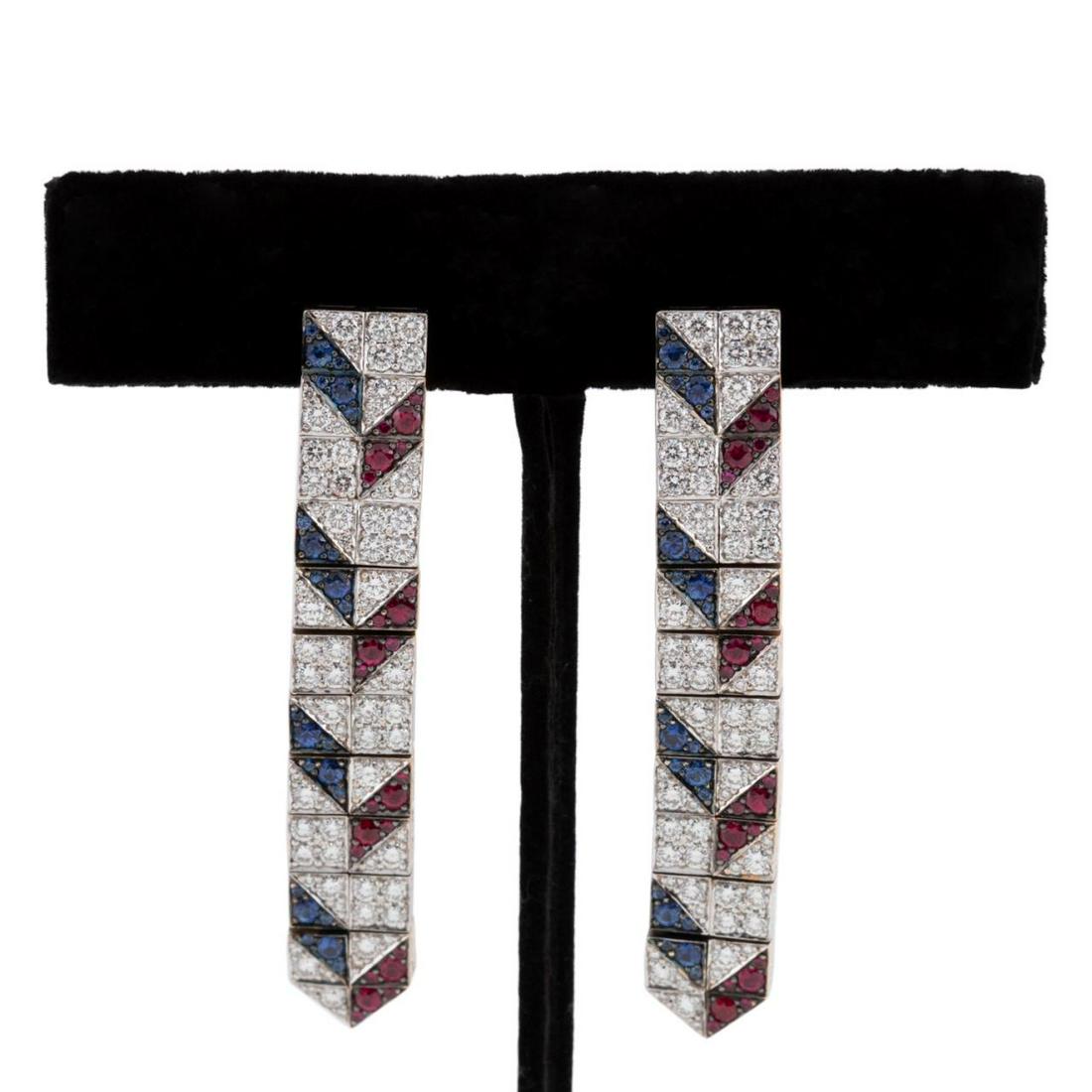 PAIR ENIGMA RUBY, DIAMOND, SAPPHIRE & 18K EARRINGS (1 of 3)