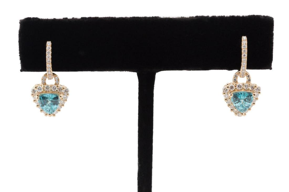 PAIR 14K YG, BLUE ZIRCON & DIAMOND EARRINGS (1 of 9)