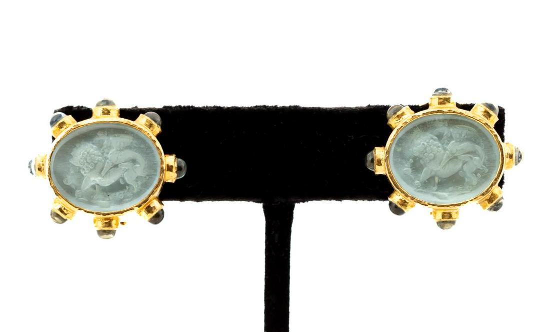 PAIR ELIZABETH LOCKE 19K GOLD INTAGLIO EARRINGS: Elizabeth Locke 19K gold and glass intaglio earrings, composed of oval glass bezel set intaglios, each depicting a lion and griffin, and framed by eight bezel set labradorites, may be worn as pierced 