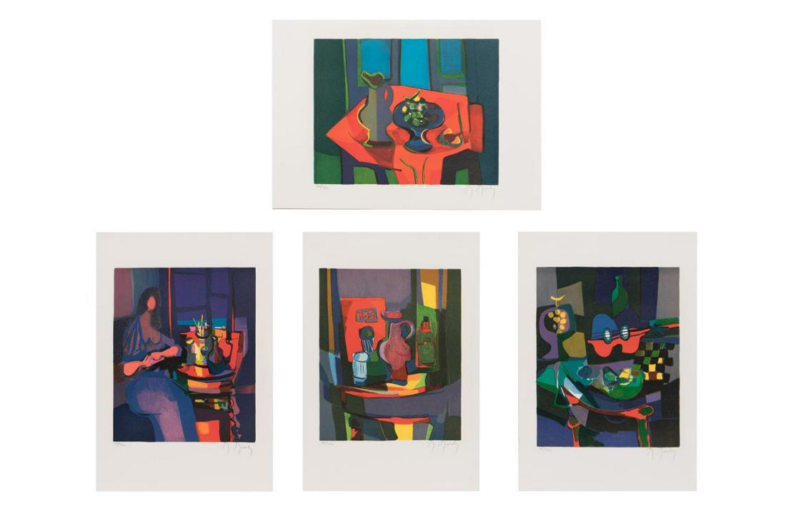 FOUR MARCEL MOULY NUMBERED LITHOGRAPHS, IN CASE: Set of four Marcel Mouly (French 1918-2008), modern color lithographs comprising, "La Fenetre Outre Mer", "La Guitare", Pichet et Compotier a la Grappe de Raisins", and "Le Pichet Rose", all numbered