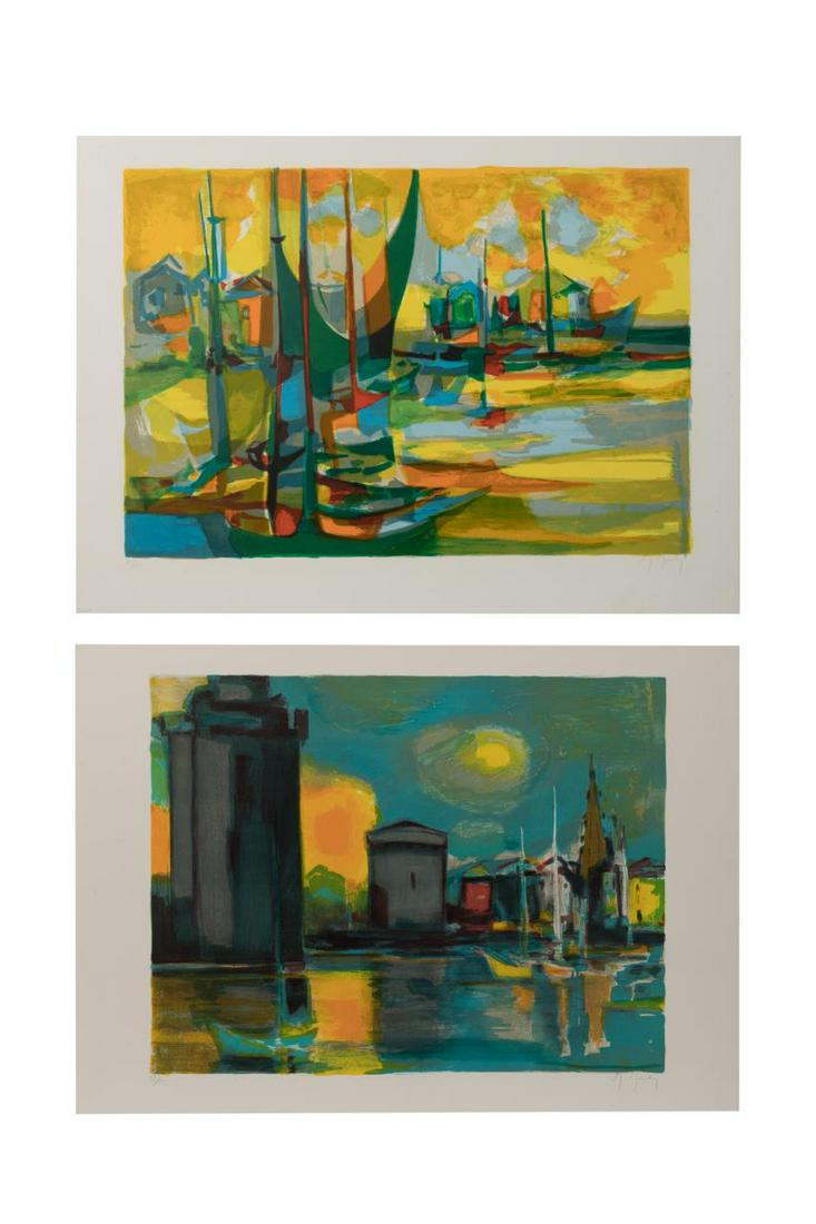 TWO MARCEL MOULY LITHOGRAPHS, UNFRAMED: Two Marcel Mouly (France 1918-2008), color lithographs, both abstracted and pencil signed, the first depicting a canal scene with boats in the water, pencil signed at lower right and editioned 59/225