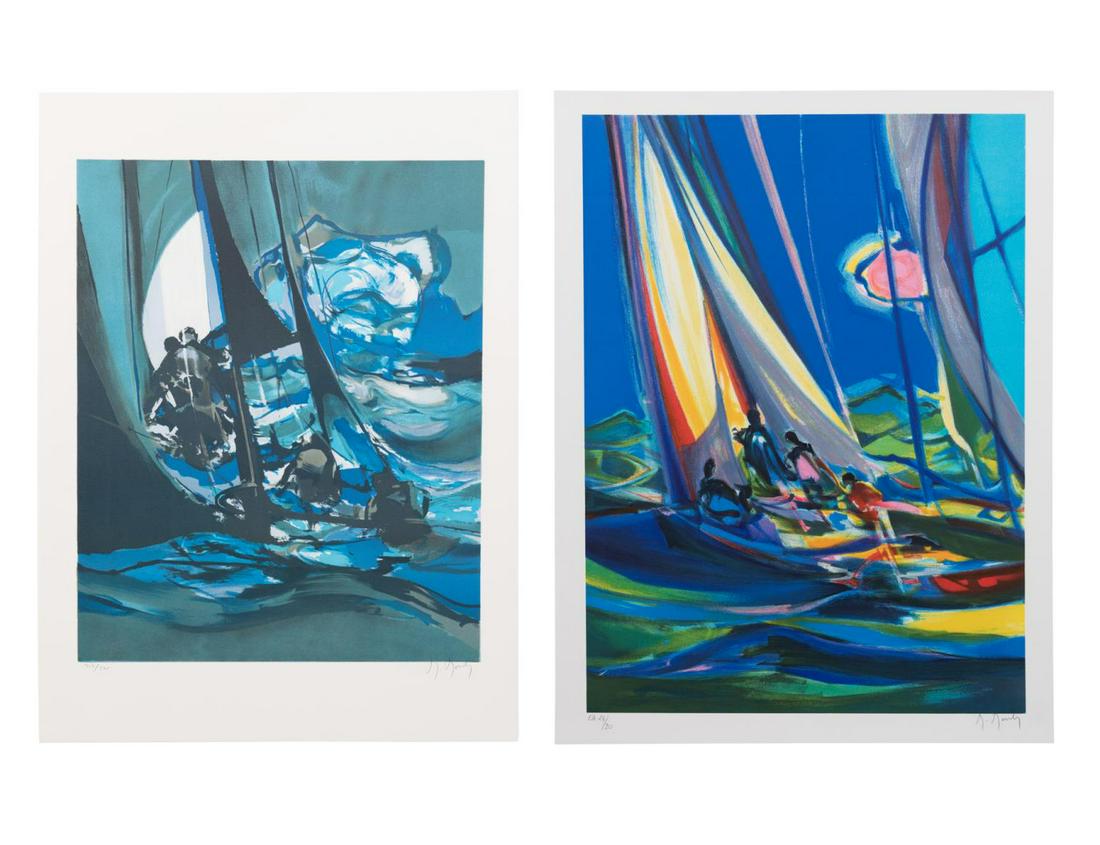 TWO M. MOULY YACHTING LITHOGRAPHS: Two Marcel Mouly (France 1918-2008), color lithographs depicting vertically oriented and abstracted yachting scenes; the first pencil signed at lower right, editioned 26/30 and marked "E.A." (artist's