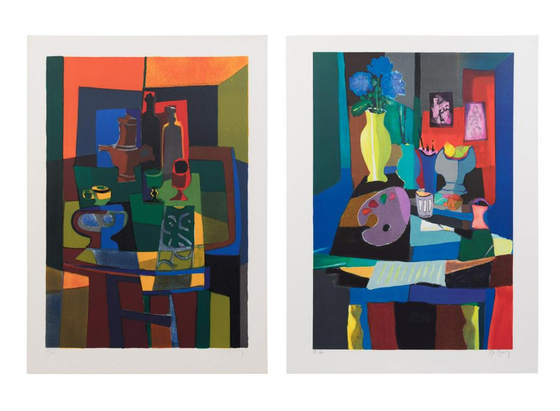 TWO M. MOULY STILL LIFE LITHOGRAPHS: Two Marcel Mouly (France 1918-2008), color lithographs depicting abstracted still life scenes; the first pencil signed at lower right and editioned 167/225 at bottom left; the second is pencil signed