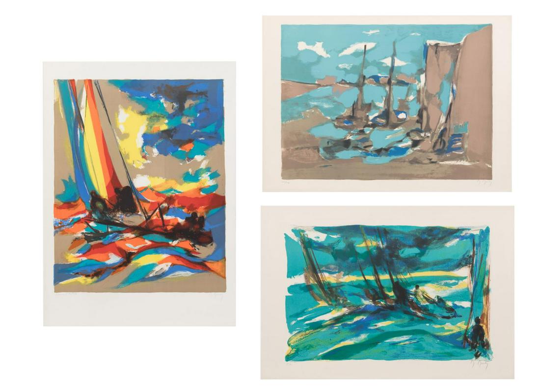 THREE M. MOULY, YACHTING LITHOGRAPHS: Three Marcel Mouly (France 1918-2008), color lithographs with abstracted yachting scenes; the first pencil signed at lower right and editioned 144/150 at bottom left, with "MM 59" written in pencil en