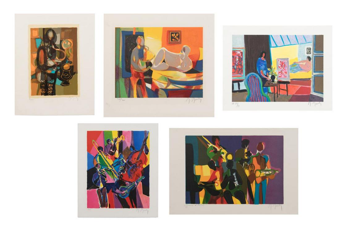 FIVE M. MOULY FIGURAL LITHOGRAPHS: Five Marcel Mouly (France 1918-2008), color lithographs; the first depicting abstract musicians on a purple background, having deckled edges, pencil signed at lower right, "E.A" (artist's proof) noted
