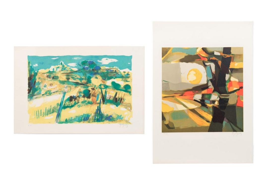 TWO M. MOULY, LANDSCAPE LITHOGRAPHS, UNFRAMED: Two Marcel Mouly (France, 1918-2008), color lithographs each depicting landscape scenes, the first "Champ de Ble ou Soleil," abstracted scene of a wheat field with the sun and a black tree, pencil sig