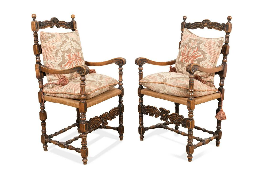 PAIR PROVINCIAL LADDERBACK ARMCHAIRS W/ CUSHIONS (1 of 6)