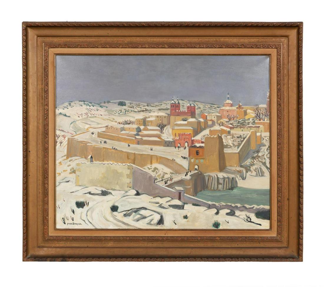YVES BRAYER, "TOLEDE SOUS LA NEIGE", O/C: Yves Brayer (French 1907-1990), "Tolede Sous La Neige (Le Pont St Martin)", circa 1962, oil on canvas. A winter landscape scene depicting a bridge and town blanketed by snow, signed at lower left and