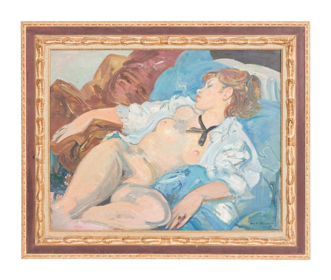 ANDRE PLANSON, RECLINING NUDE FEMALE, O/C: Andre Planson (French 1898-1981), "Nude on Blue Background", 1964, oil on canvas depicting a nude female figure laying on a soft surface, signed and dated at lower right, titled "Nu sur fond bleu" en 