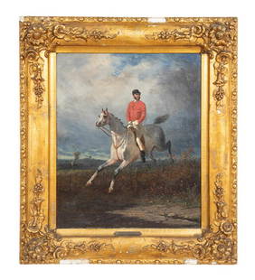 HENRI D' AINECY, "THE HURDLER", OIL ON CANVAS: Comte Henri Auguste D' Ainecy Montpezat (French 1817-1859), "The Hurdler", oil on canvas, equestrian hunt scene painting depicting a figure on horseback jumping a fence, signed at lower left with D. V