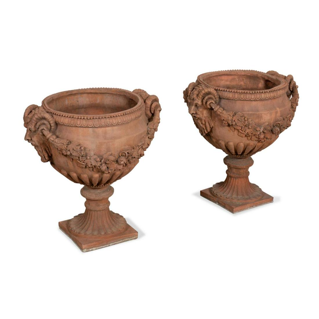 PAIR ENGLISH SATYR MASK TERRACOTTA GARDEN URNS (1 of 5)