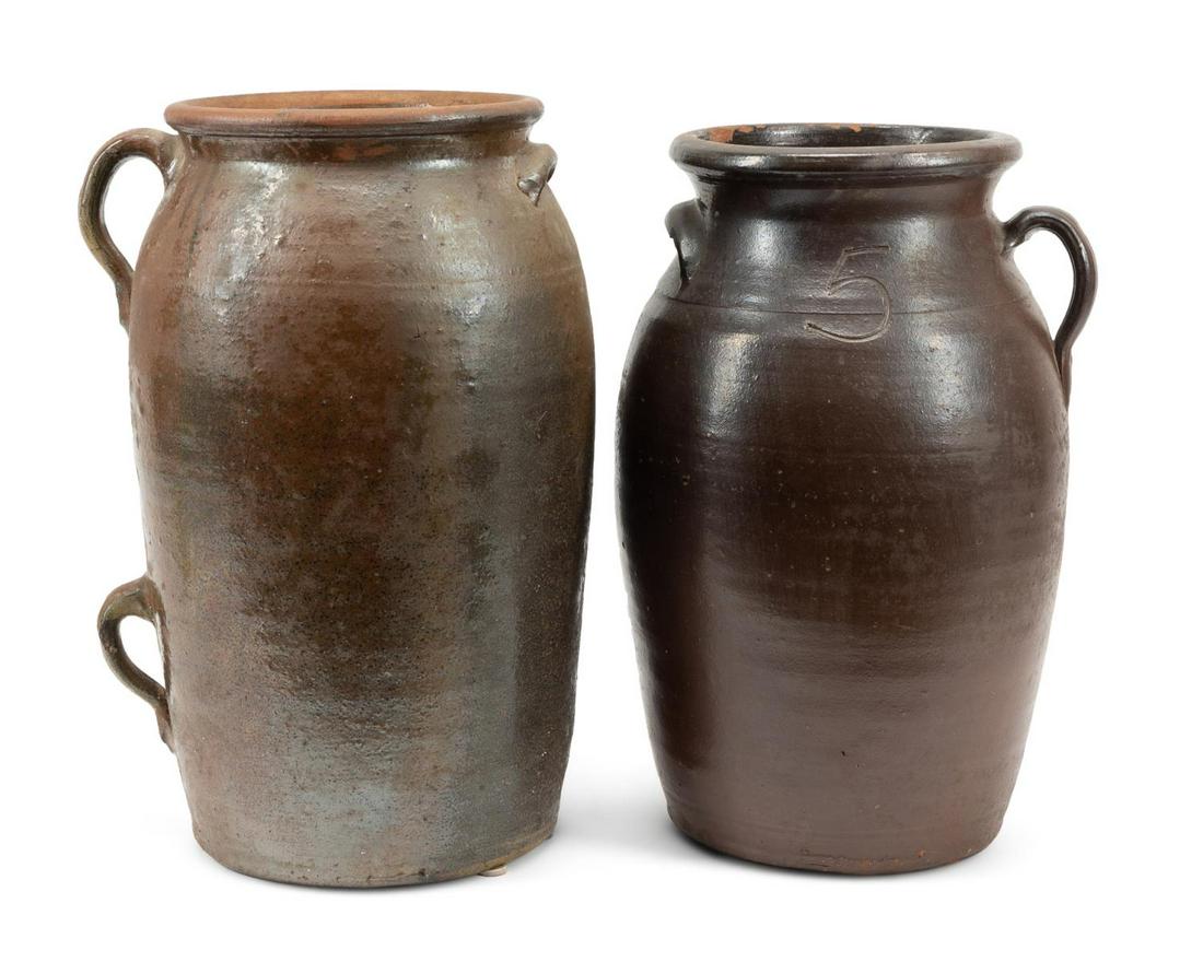 TWO AMERICAN POTTERY BROWN GLAZED BUTTER CHURNS (1 of 12)