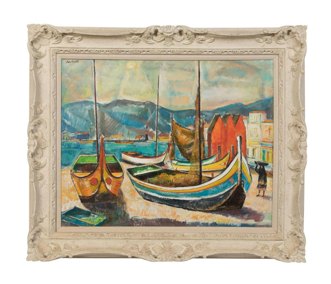 BEN SHUTE, "BOATS OF NAZARE" OIL ON CANVAS: Ben Shute (American/Georgia 1905-1986), "Boats of Nazare," mid 20th century, oil on canvas depicting boats pulled up on the shore with mountains in the background and architectural structures on the r