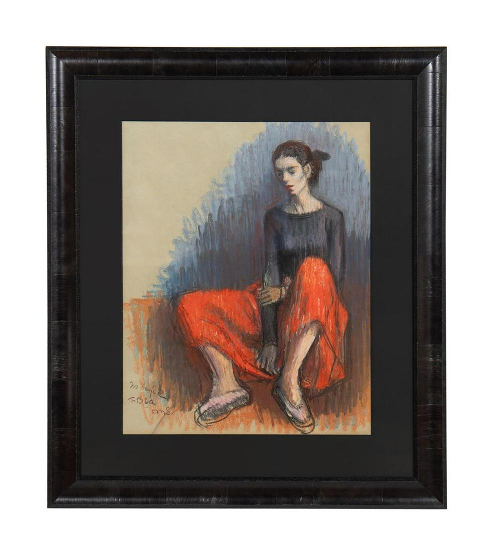MOSES SOYER, FEMALE IN RED PANTS, OIL PASTEL (1 of 5)