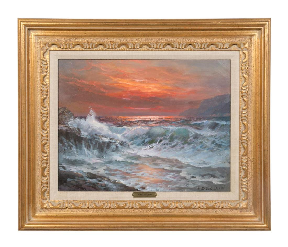 ALEXANDER DZIGURSKI, SUNSET SEASCAPE, O/C: Alexander Dzigurski (Serbian/American 1911-1995), "Waves at Sunset" oil on canvas depicting a seascape at sunset, signed at lower right, framed with plaque at center identifying the artist. Provenance