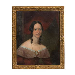 MANNER EZRA AMES, FEMALE PORTRAIT, OIL ON CANVAS: Manner of Ezra Ames (American 1768-1836), oil on canvas, circa 1835, depicting a quarter-length portrait of an unknown brunette female with blue eyes wearing a cameo, apparently unsigned, framed. Appr