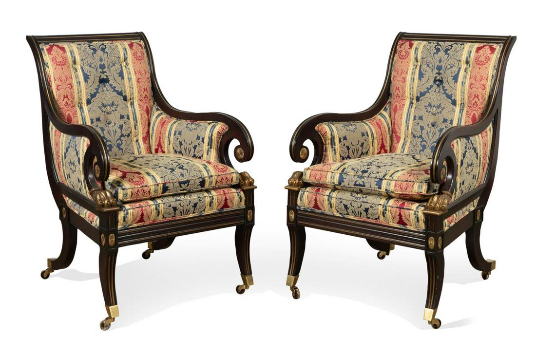 PAIR BAKER REGENCY STYLE EBONIZED LIBRARY CHAIRS (1 of 4)