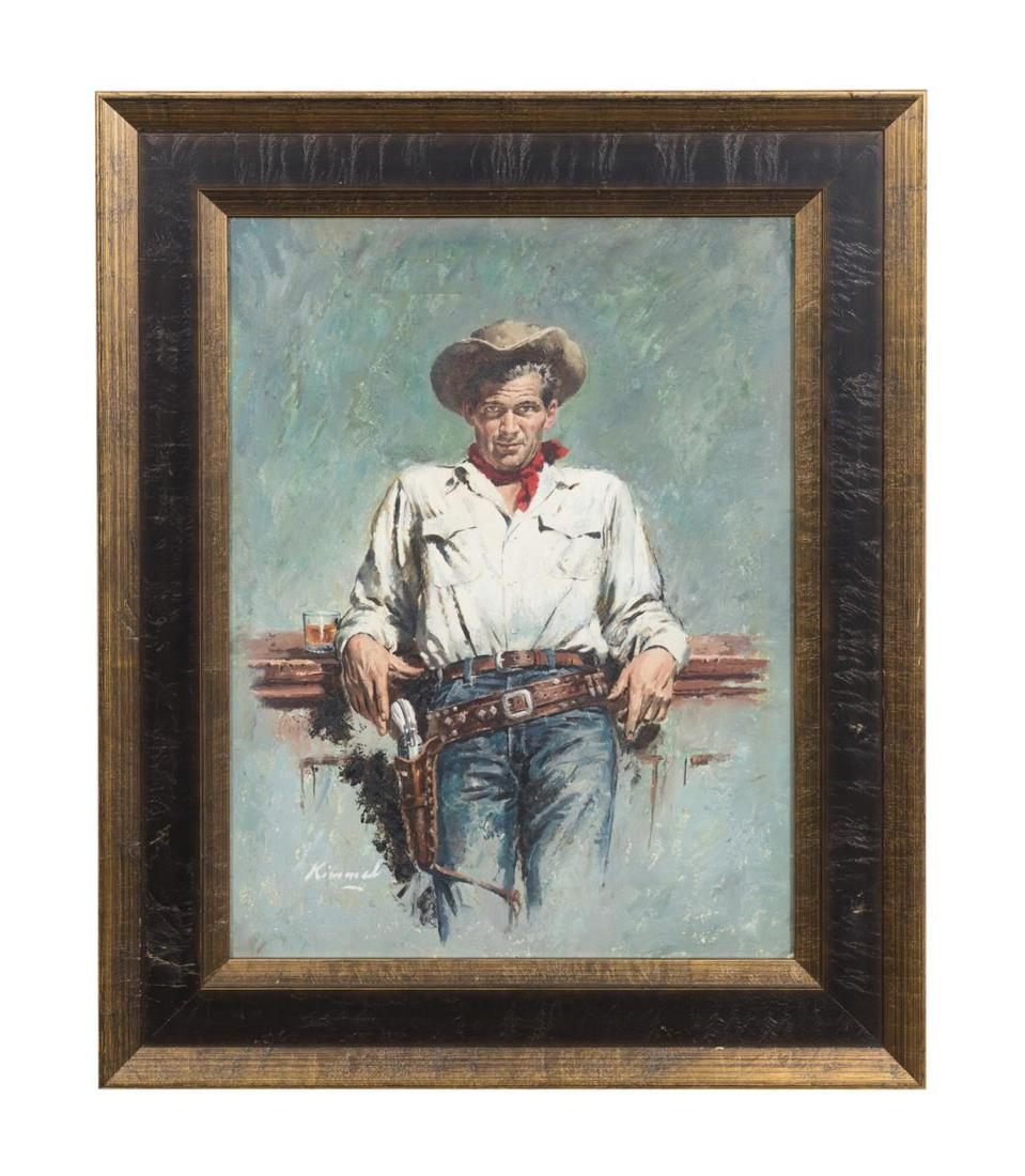KIMMEL "THE NAME'S BUCHANAN" BOOK COVER ART, O/C: Lu Kimmel (American 1905-1973), "The Name's Buchanan", circa 1956, oil on board, depicting a three quarter length portrait of a cowboy leaning back against a bar ready to pull his gun, signed at lower