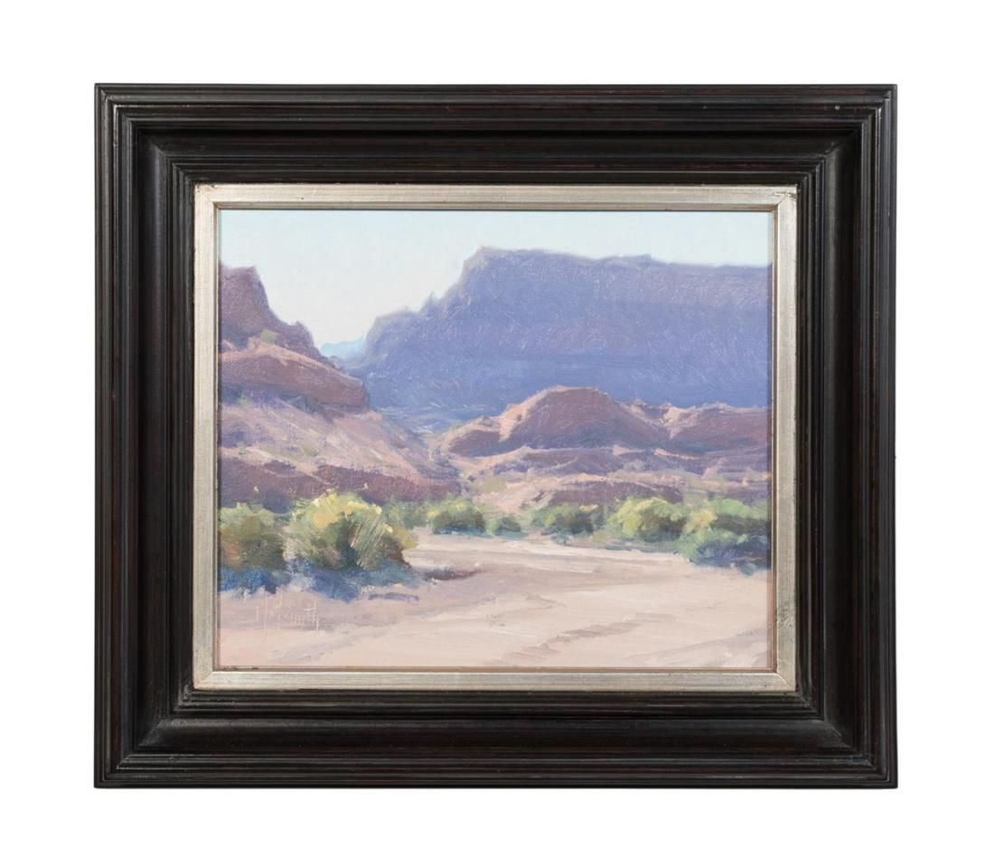 MATT SMITH, DESERT MOUNTAIN LANDSCAPE, O/CB: Matt Read Smith (American b. 1960), "Desert Mountain Landscape," 2017, oil on canvas board, depicting a daytime desert mountain landscape, signed at bottom left, signed and dated en verso, framed. App