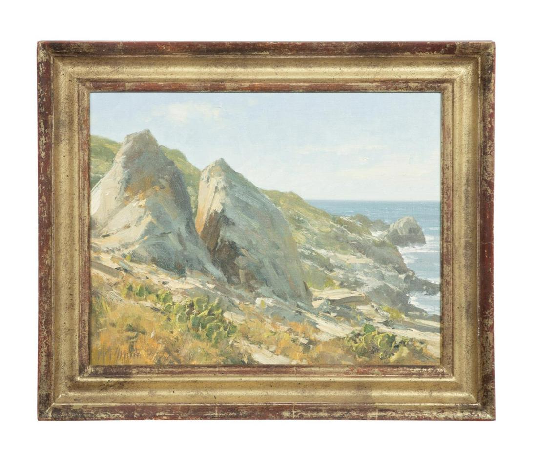 MATT SMITH, CATALINA ROCKY BEACH - 1999, OIL/BOARD: Matt Read Smith (American b. 1960), "Big Rocks Over Cottonwood Beach," 1999, oil on board depicting a landscape with rocks at left and the sea at right, signed at lower left, titled, signed, and dated