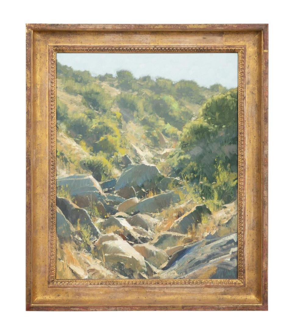 MATT SMITH, "RIPPERS CANYON" - 2001, OIL ON CANVAS: Matt Read Smith (American b. 1960), "Rippers Canyon" 2001, oil on canvas, Southwestern scene depicting a landscape with a rocky ravine, signed at lower right with "Matt Smith 2001 (C)/Oil 20" x 16"" e