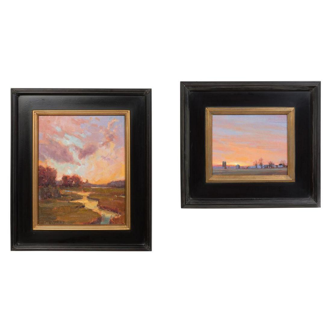 TWO AMERICAN SUNSET LANDSCAPE PAINTINGS, O/B (1 of 7)