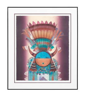 TONY ABEYTA, FIGURAL KACHINA, MIXED MEDIA ON PAPER: Tony (Antonio) Abeyta (American/Navajo-Dine b. 1965), mixed media on paper, figural Native American painting depicting a kachina doll, graphite signature at upper right, framed. Provenance: Private Co