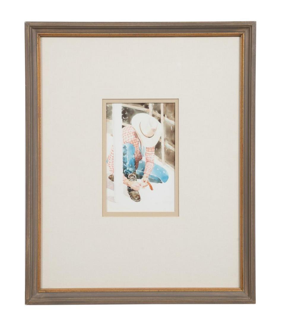 C. HESSE-LOW "COWBOY FIXING SPUR" WATERCOLOR: Carolyn Hesse-Low (American 20th-21st Century), "Cowboy Fixing Spur," late 20th-early 21st century, watercolor depicting a cowboy fixing his spur at a rodeo, signed at lower left, framed. Provenance: 