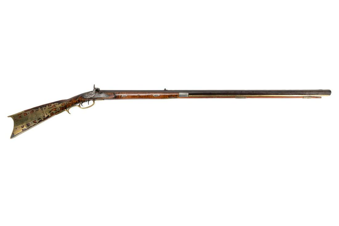 AMERICAN TIGER MAPLE PERCUSSION LONG RIFLE: American antique percussion Kentucky long rifle having an octagonal barrel, tiger maple wood stock, double-set triggers, check rest, silver inlay, brass furniture, and wooden ramrod, apparently unmark
